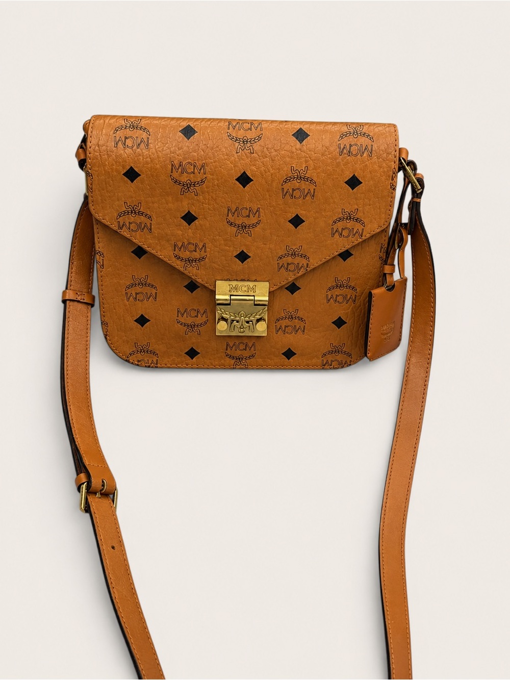MCM Cognac Visetos Envelope Crossbody with Gold Hardware